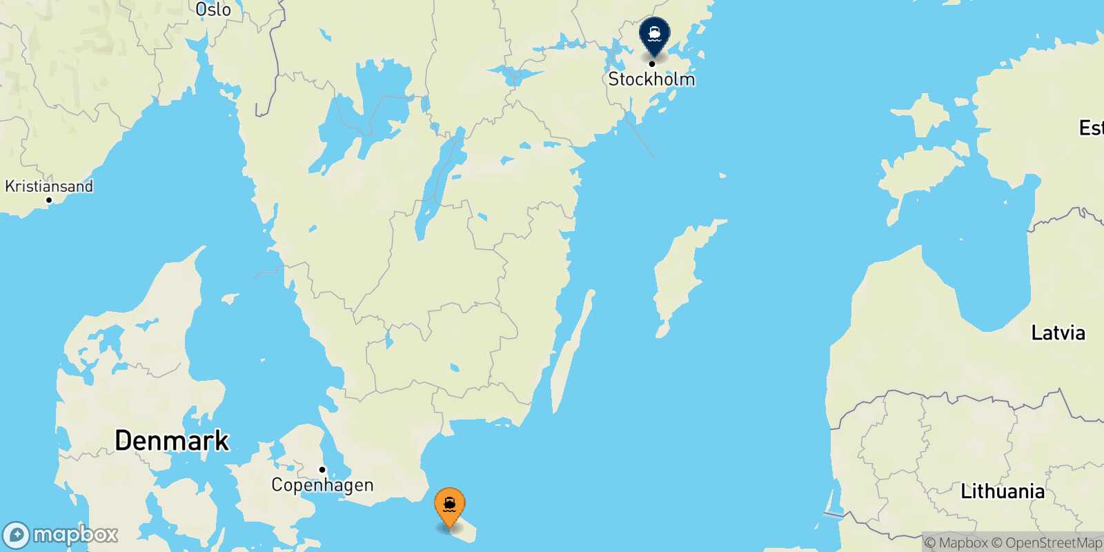 Mapa de la ruta Ronne Estocolmo