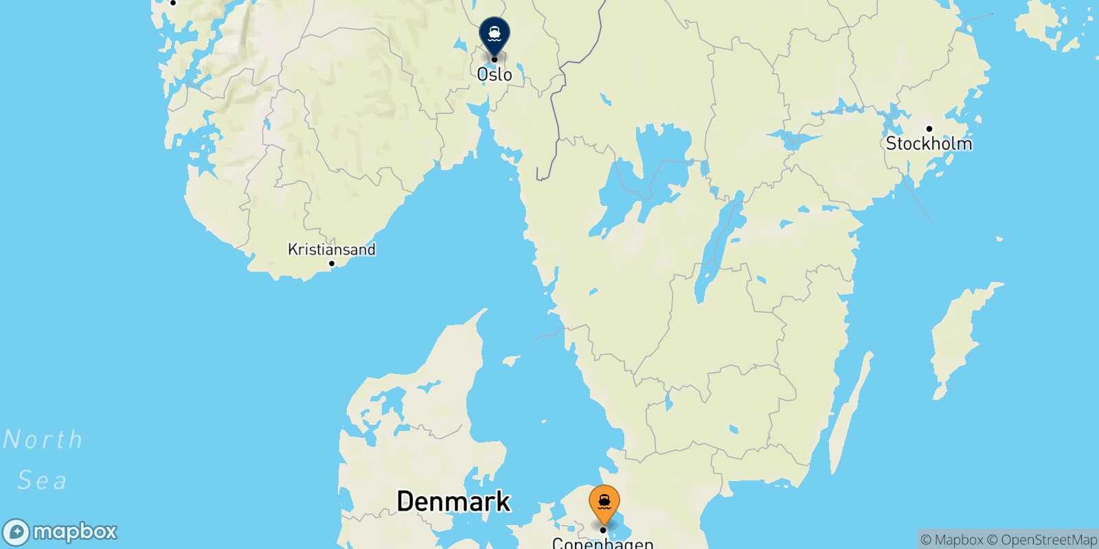Mapa de los destinos alcanzables de Copenhague