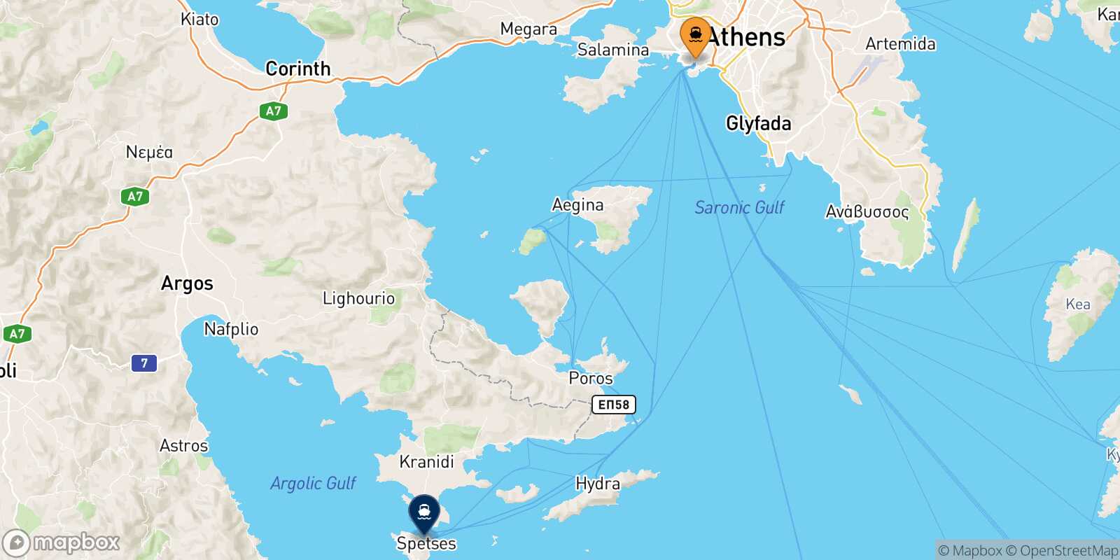 Mapa de la ruta El Pireo Spetses