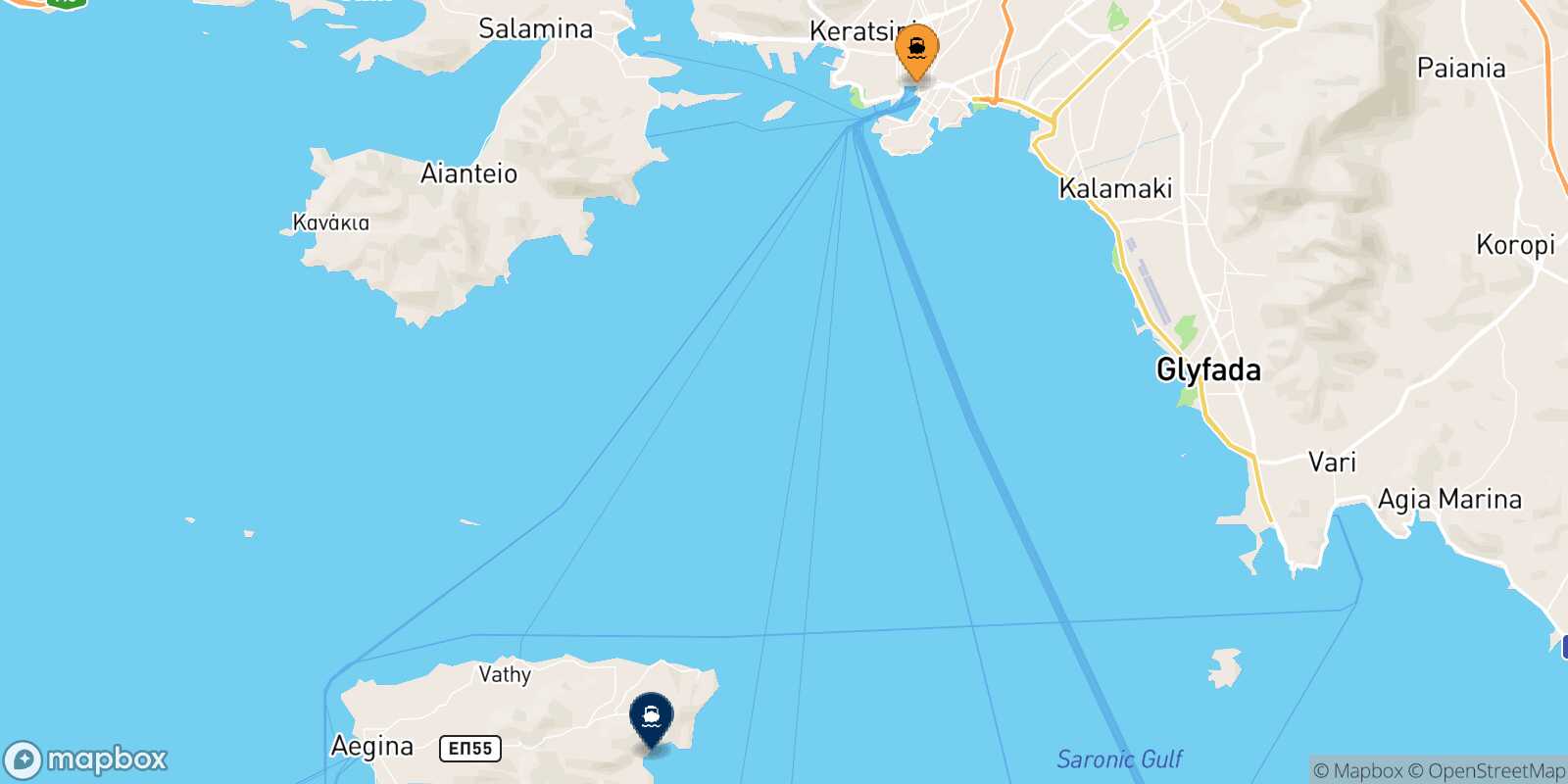 Mapa de la ruta El Pireo Agia Marina (Aegina)
