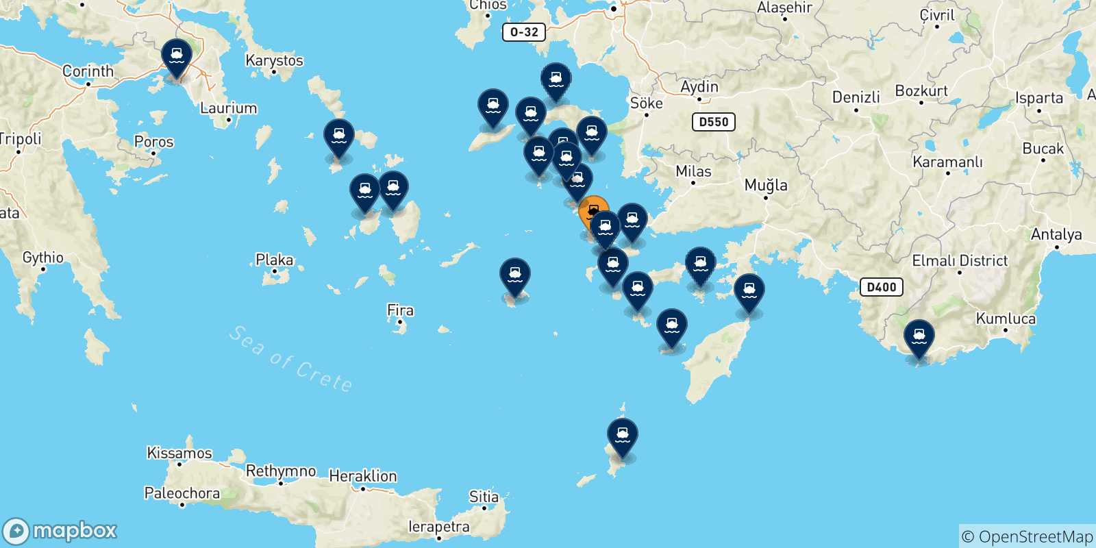 Mapa de las posibles rutas entre Kalymnos y  Grecia