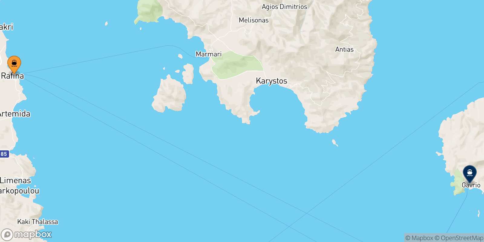 Mapa de la ruta Rafina Andros
