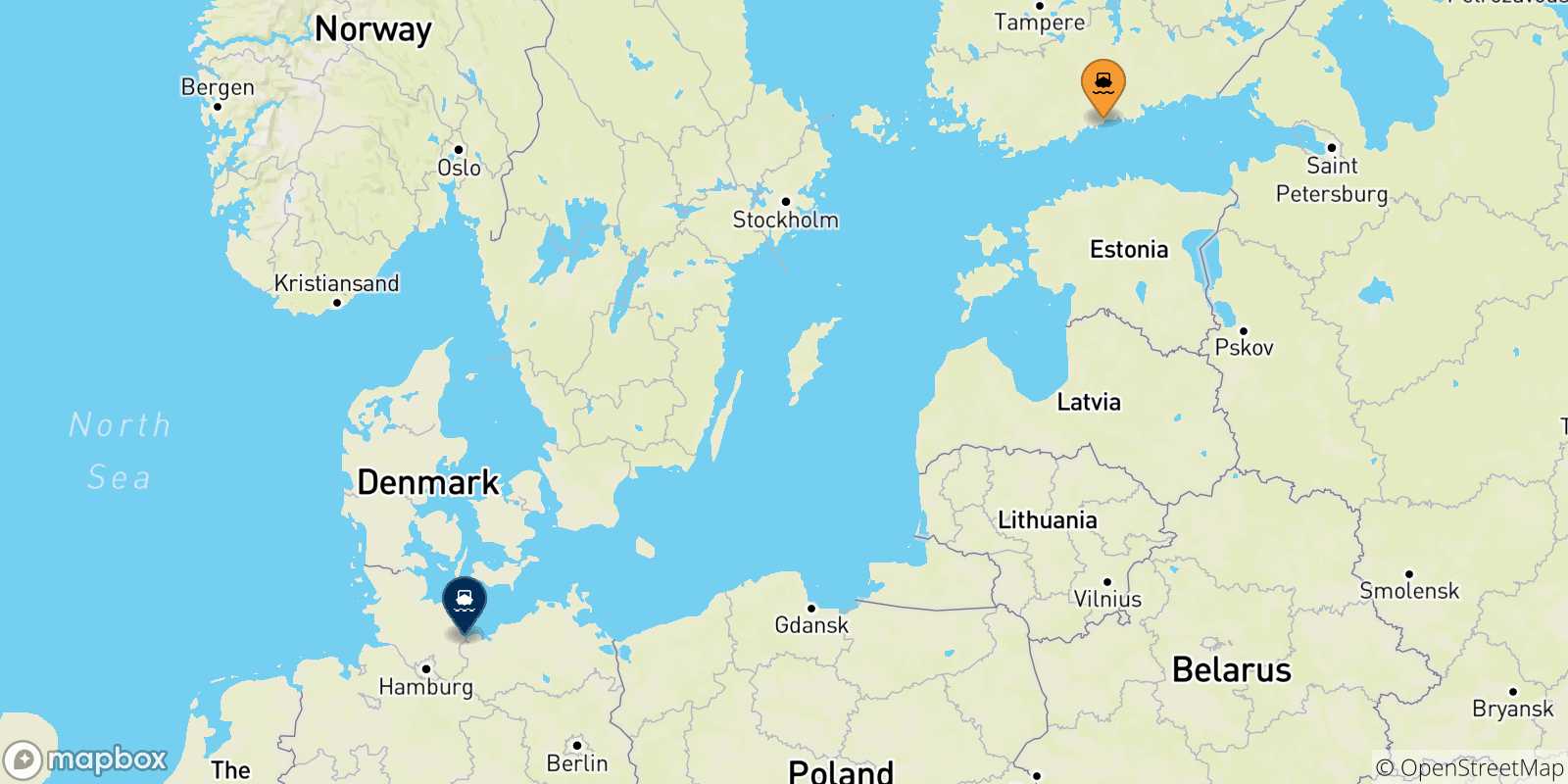 Mapa de las posibles rutas entre Finlandia y  Travemünde