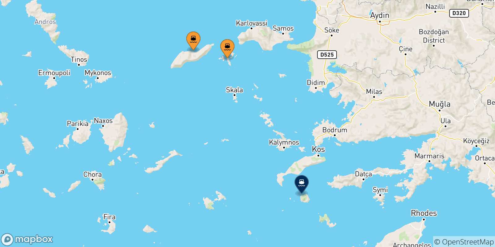 Mapa de las posibles rutas entre Islas Del Egeo y  Nisyros