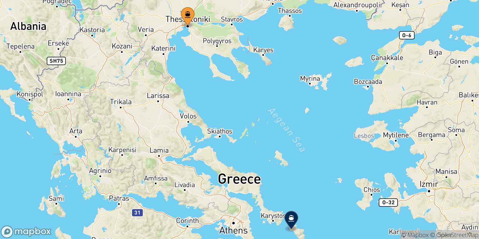 Mapa de la ruta Salónica Andros