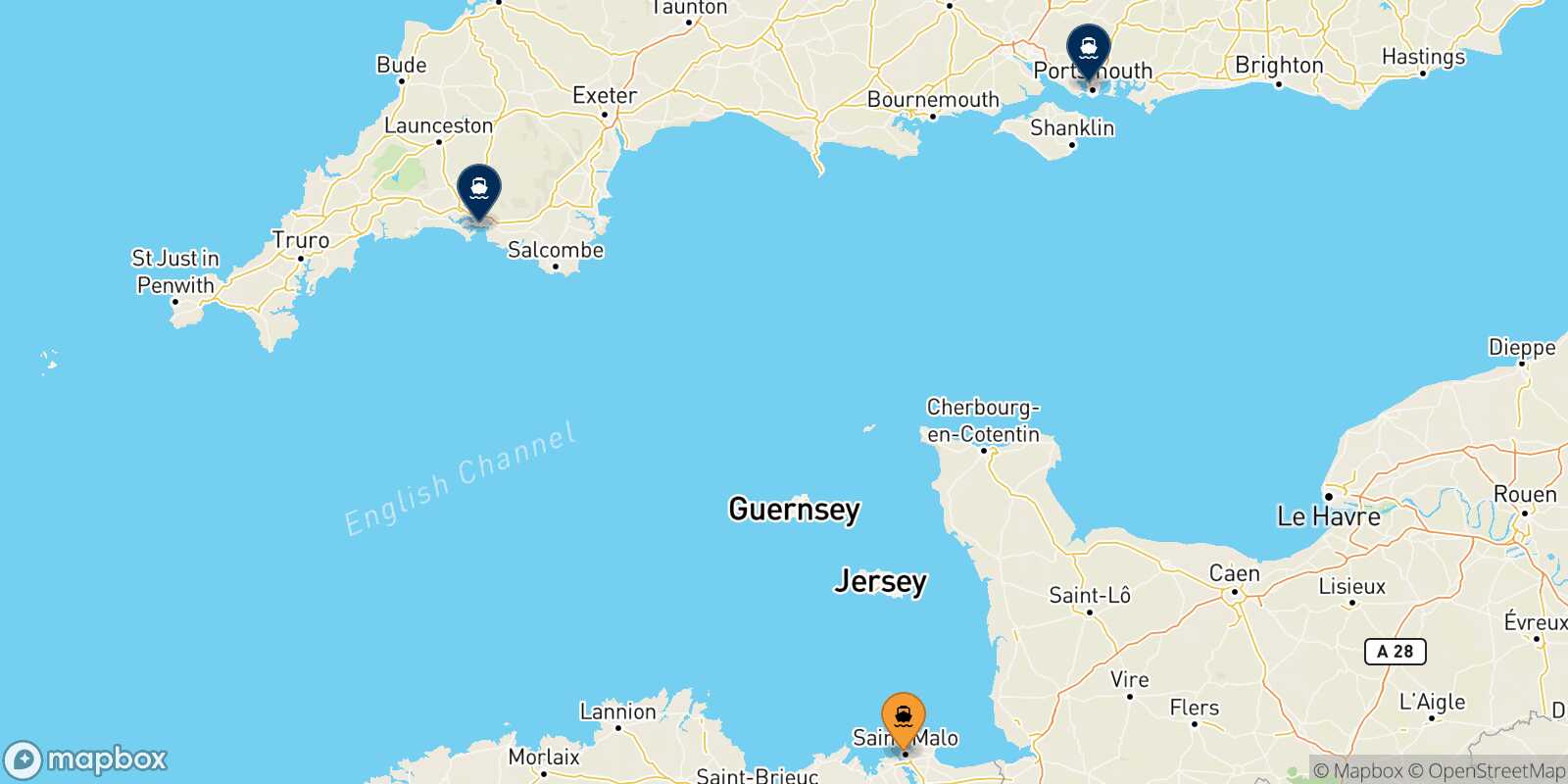Mapa de los destinos alcanzables de St Malo