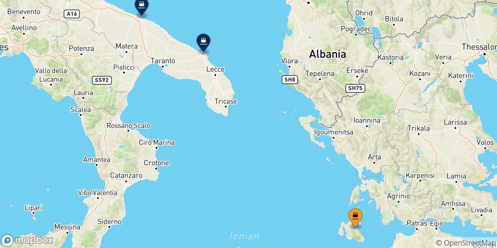 Mapa de las posibles rutas entre Sami (Cefalonia) y  Italia