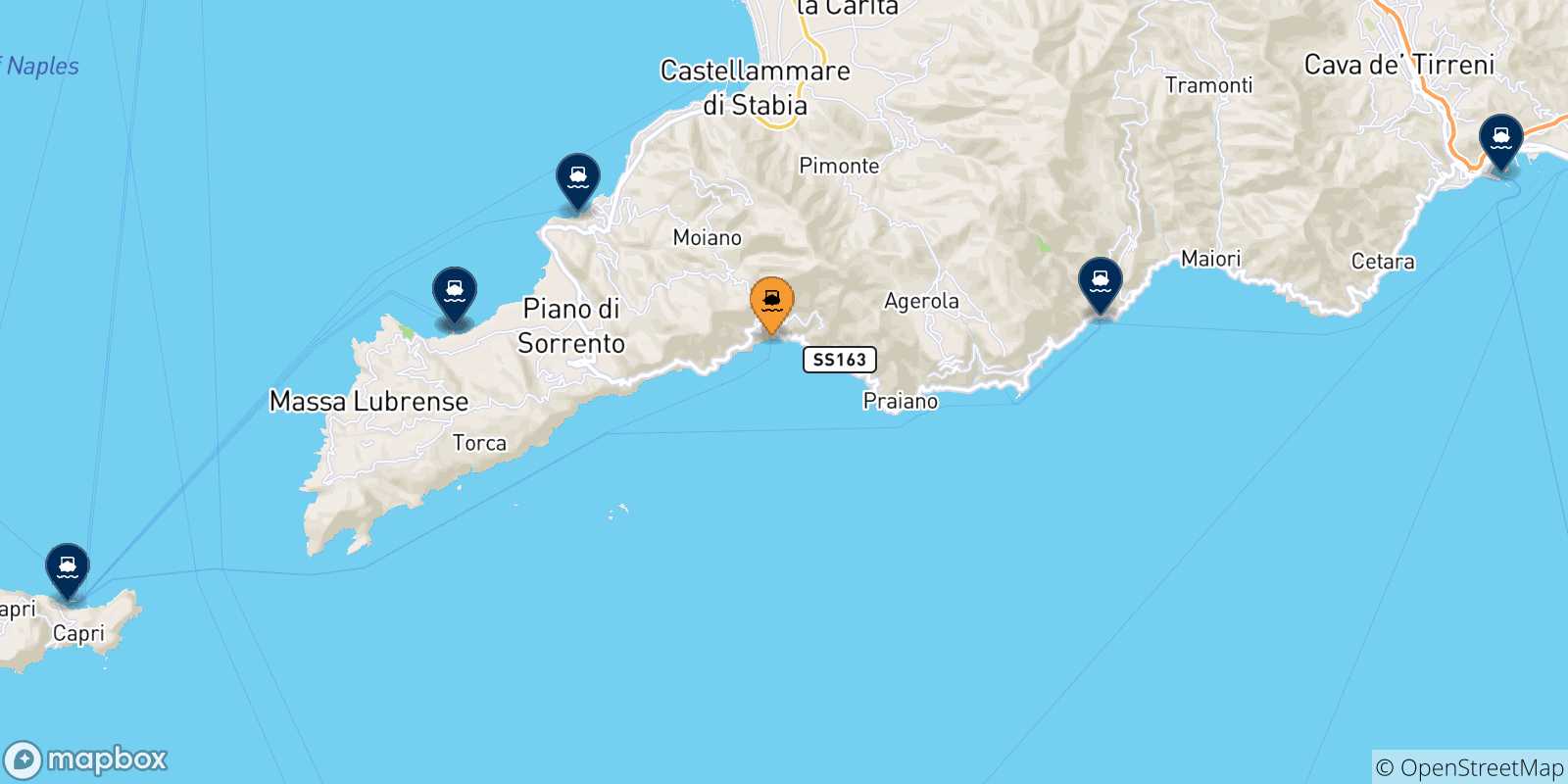 Mapa de las posibles rutas entre Positano y  Italia