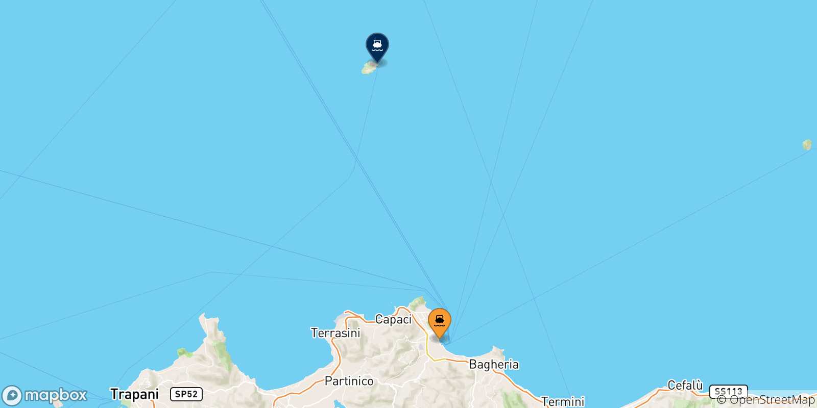 Mapa de los puertos conectados con  La Isla De Ustica