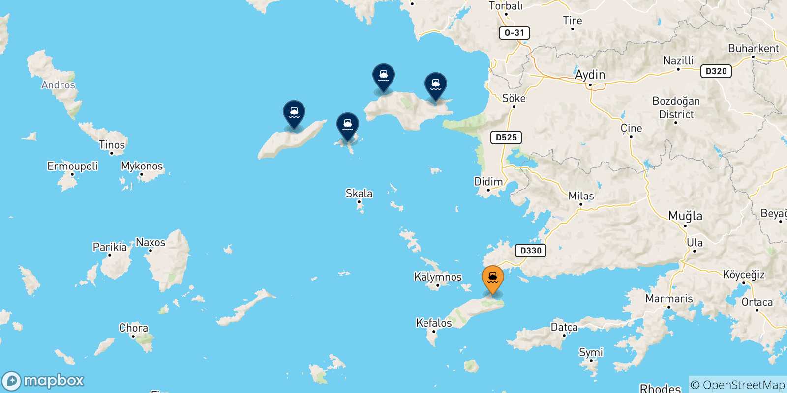 Mapa de las posibles rutas entre Kos y  Islas Del Egeo