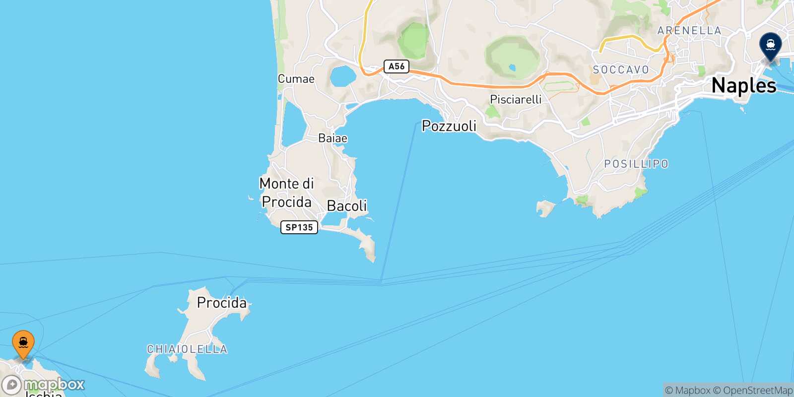 Mapa de la ruta Ischia Nápoles Beverello