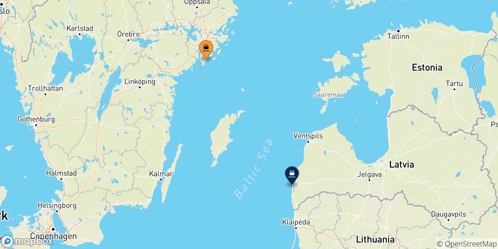 Mapa de las posibles rutas entre Suecia y  Liepaja