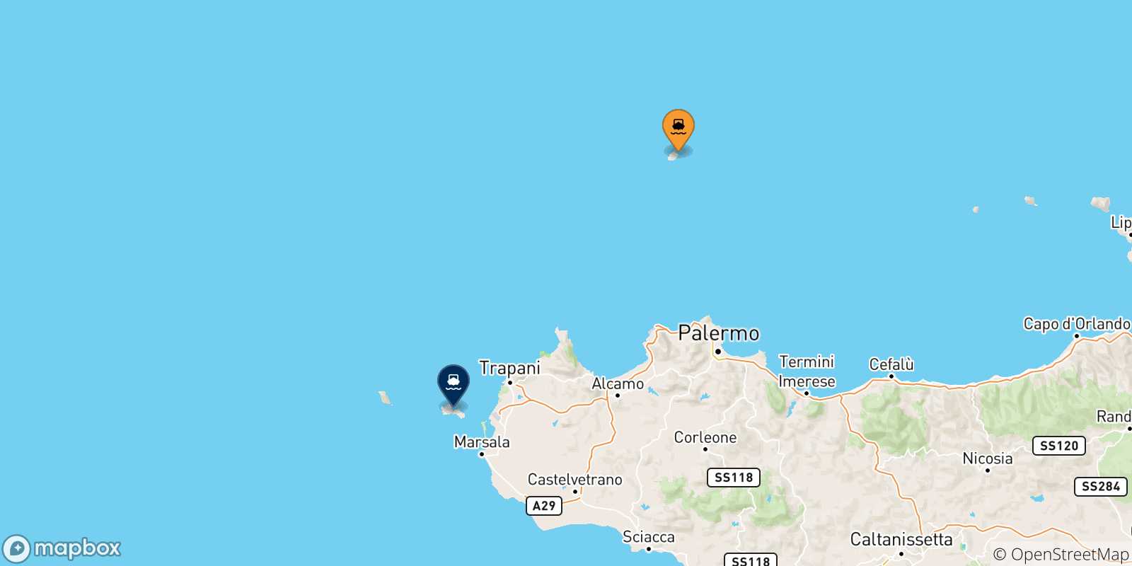 Mapa de las posibles rutas entre Ustica y  Islas Egadas