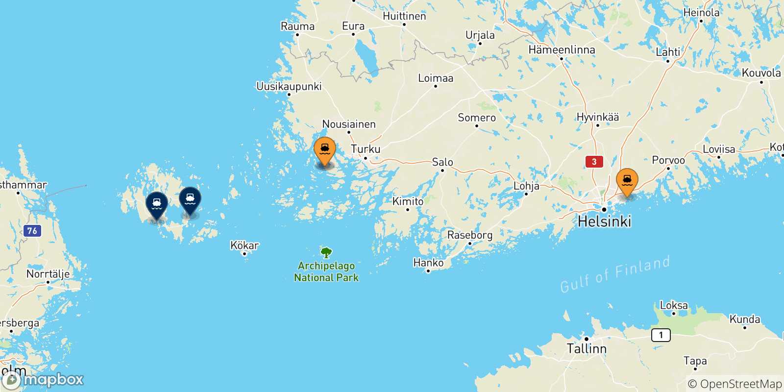 Mapa de las posibles rutas entre Finlandia y  Islas Aland