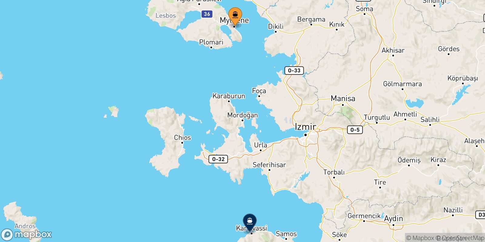Mapa de la ruta Mytilene (Lesvos) Karlovassi (Samos)