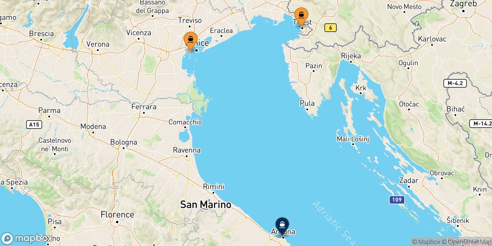 Mapa de los puertos conectados con  Ancona