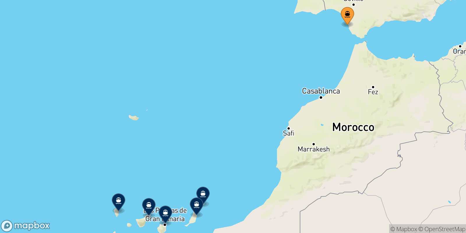 Mapa de los destinos alcanzables de Cadiz