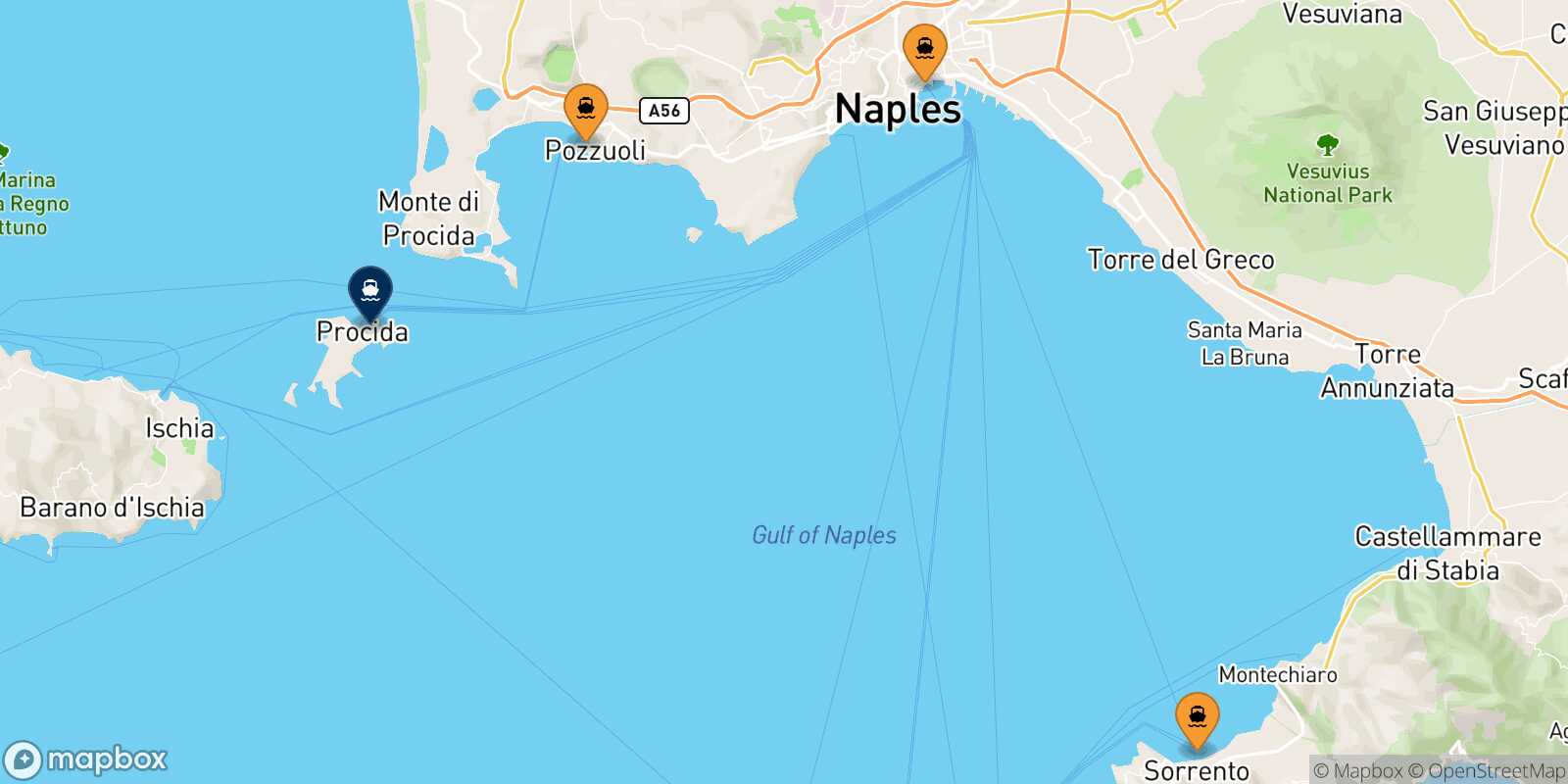 Mapa de los puertos conectados con  Procida