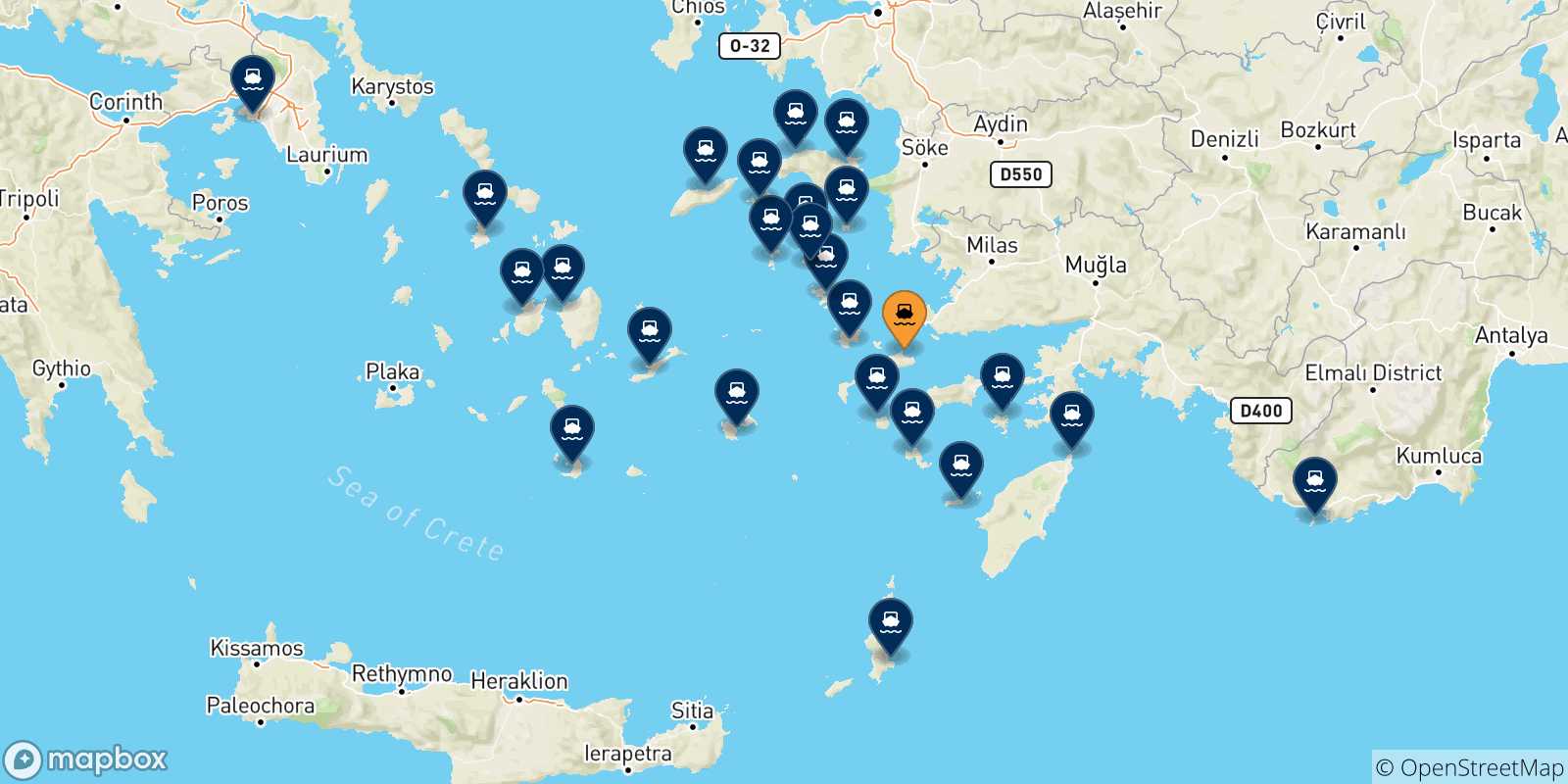 Mapa de las posibles rutas entre Kos y  Grecia