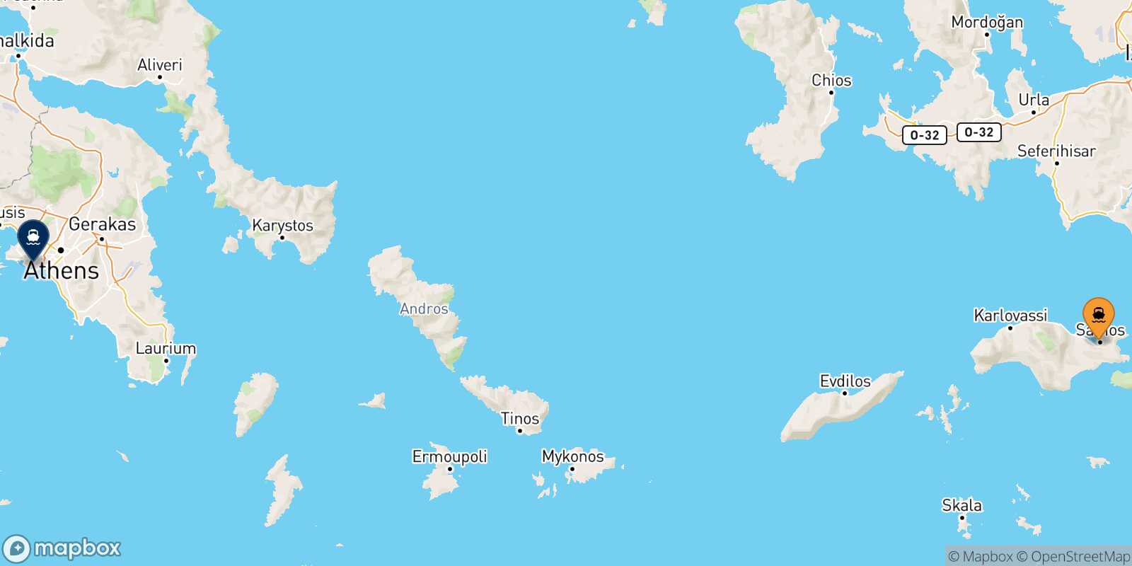 Mapa de la ruta Vathi (Samos) El Pireo