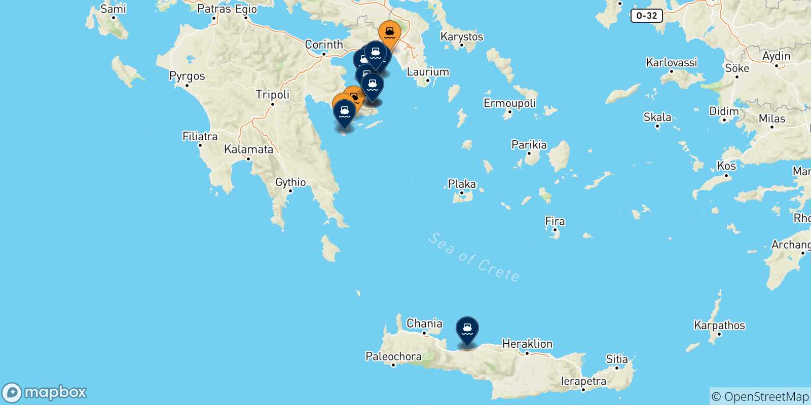 Mapa de los puertos conectados con  Islas Sarónicas