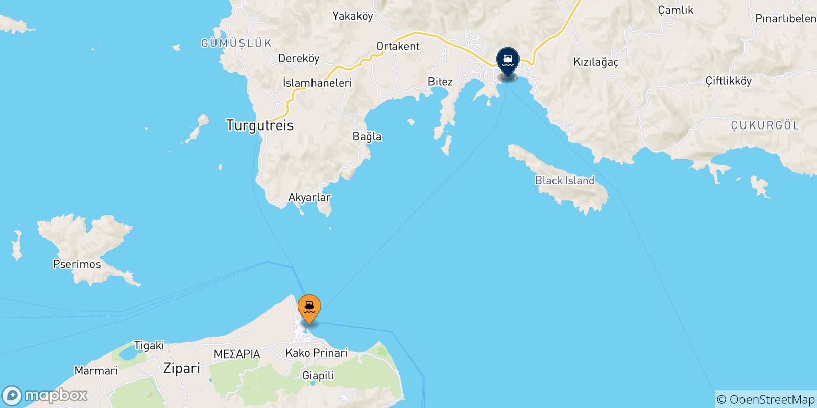 Mapa de las posibles rutas entre Kos y  Turquía