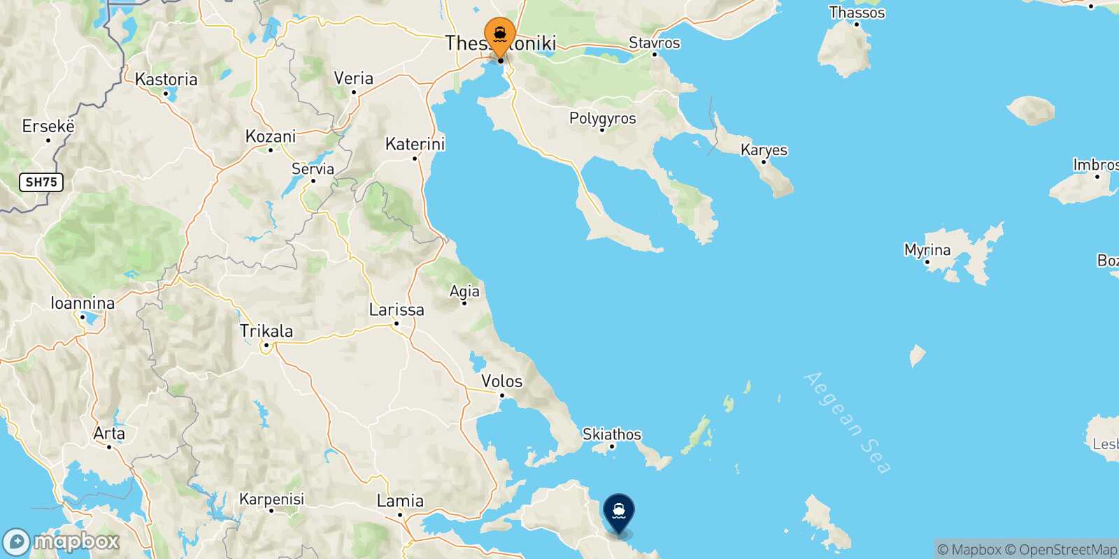Mapa de la ruta Salónica Mantoudi (Evia)